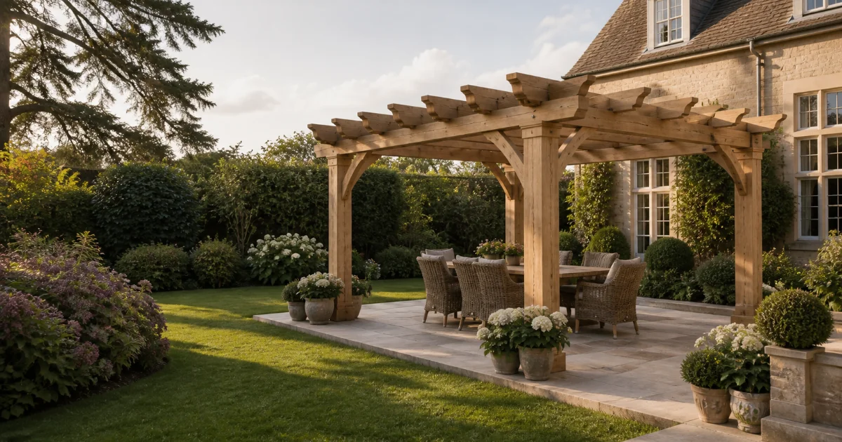 Substantial bespoke oak pergola in a landscaped English country garden